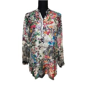 CIENNA Women's MED Silk Viscose Wearable Artsy Blouse Floral Fairy Colorful Boho
